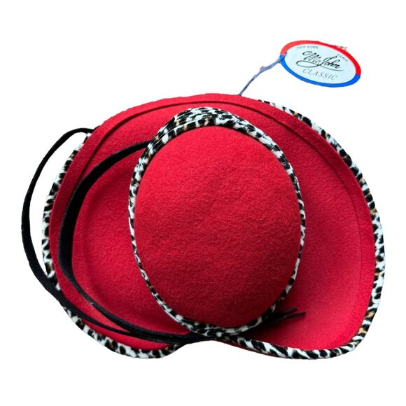 NWT Vintage 1960's Mr. John Classic Hat Red with animal print & large feathers - Picture 10 of 14